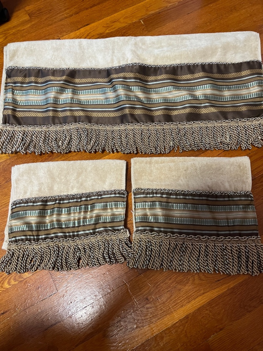 Show towel set 3. Cream Brown Blue Stripe Trim FRINGED 100% cottonCROSCILL HOME